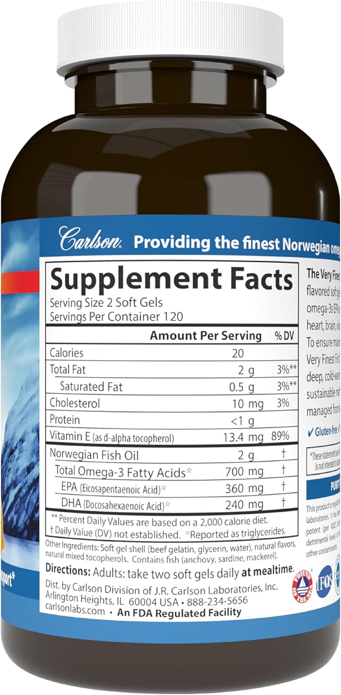 Carlson - The Very Finest Fish Oil, 700 mg Omega-3s, Norwegian Fish Oil, Wild Caught, Sustainably Sourced Fish Oil Capsules, Lemon, 240 Count