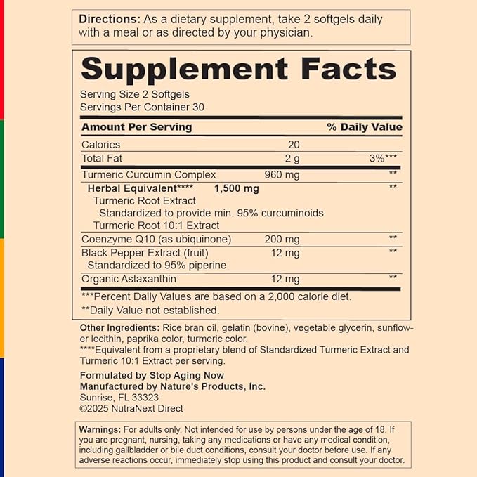 Stop Aging Now - Turmeric Curcumin Complex Supplement - with Black Pepper - 60 Softgels