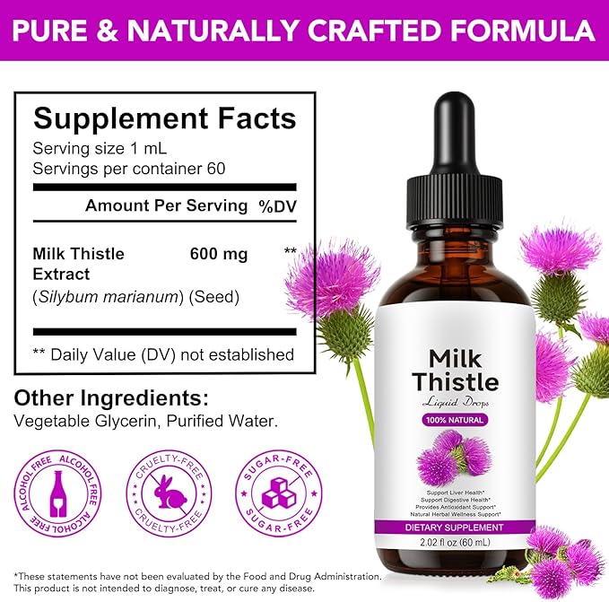 Milk Thistle Silymarin Marianum Supplement Liquid Drop for Liver & Kidney Cleansing Support, Potent Antioxidant, Herbal-Based Formula, Non-GMO - 2 Fl.Oz/60 ML