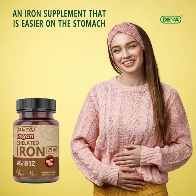 Deva Nutrition Vegan Chelated Iron 29 mg Fortified with B-12 - High Potency, Easy to Swallow - 90 Tablets, 1-Pack