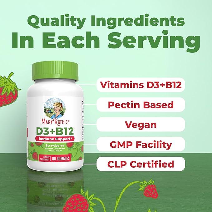 MaryRuth Organics Vegan Vitamin D3 + Vitamin B12 Gummies | 2 Month Supply | Supports Bone Health | Immune Support Supplement | Energy Supplements | Methyl B12 Vegan Non-GMO Gluten Free | 60 Servings