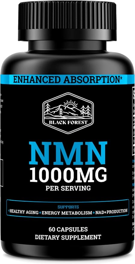Black Forest NMN Supplements 1000mg (Nicotinamide Mononucleotide) 99% Pure, Stabilized Form, BioPerine® for Enhanced Bioavailability (60 Capsules) (NMN 1000mg per Serving) NAD Supplement for NAD