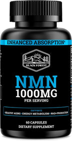 Black Forest NMN Supplements 1000mg (Nicotinamide Mononucleotide) 99% Pure, Stabilized Form, BioPerine® for Enhanced Bioavailability (60 Capsules) (NMN 1000mg per Serving) NAD Supplement for NAD