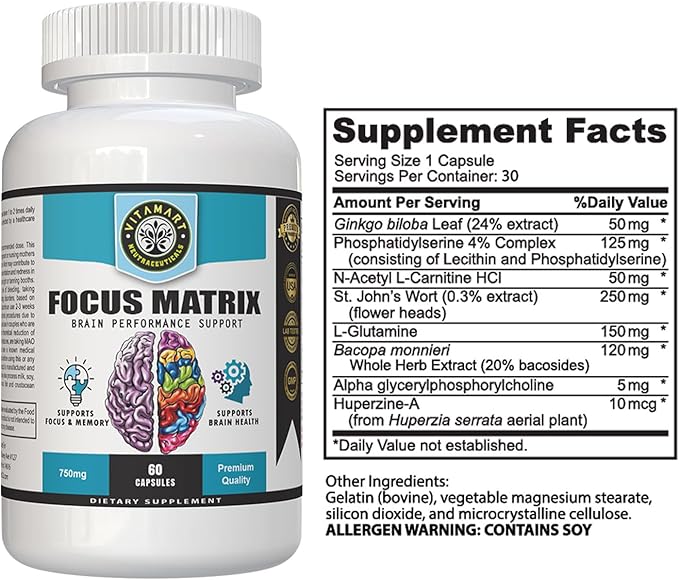 Focus Matrix (1 Bottle) Brain Health Supplement- for Better Focus, Memory, Attention, Concentration, Ginkgo biloba Leaf, Bacopa Monnieri, Focus Pill