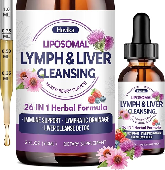 Liposomal Lymphatic Drainage Drops, 26 in 1 Liver Cleanse Detox & Repair with Milk Thistle, Echinacea, Glutathione, Vitamins, Lymph-Liver Cleanse, Gut & Metabolic Health - Mixed Berry Flavor 2 Fl Oz