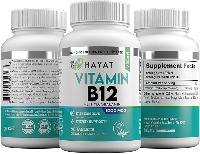 HAYAT Vitamins Vegan Natural Vitamin B12 1000 MCG, Dietary Supplement for Energy Metabolism Support, 2 Month Supply, All Natural, Certified Halal, 60 Tablets, Made in The USA