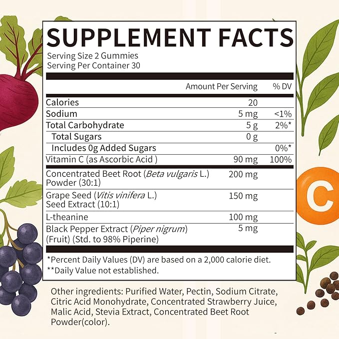 2 Pack Beet Root Gummies – Blood Pressure Support & Mood Support, Super Nitric Oxide Beets Supplement with Grape Seed, L-Theanine & Vitamin C, Sugar-Free Vegan, 30:1 Beet Root Extract, 120 Chews