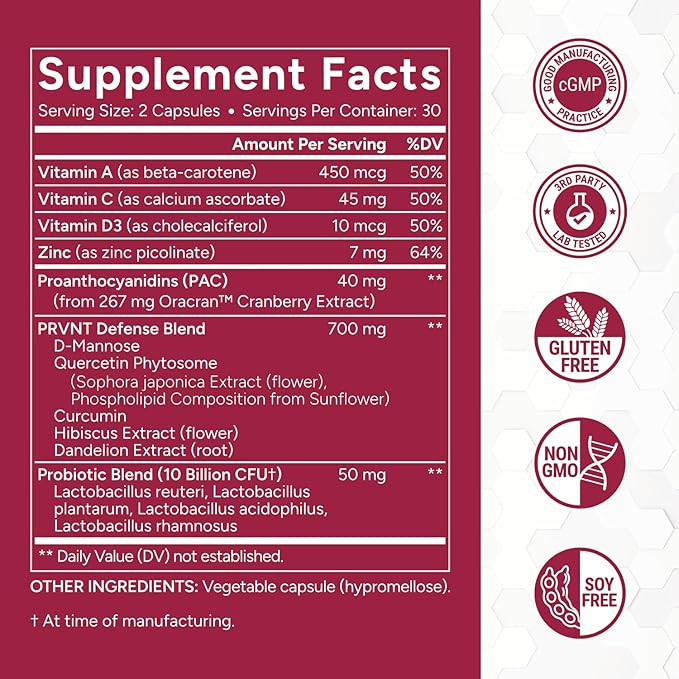 Urinary Tract Defense with Cranberry PAC, D-Mannose, Probiotics & Vitamins | UTI Avoidance & Bladder Support Supplement | Most Powerful Cranberry Pills for Women & Men | USA Manufactured | 60 Capsules
