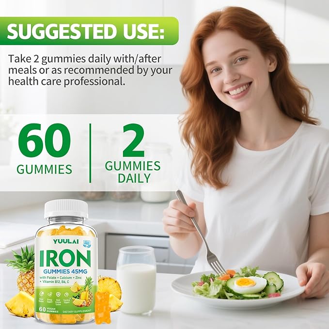 Pack of 2 Iron Gummies for Women & Men, Iron Supplement Plus Calcium, Zinc, Folate & Vitamin B12, C, B6 - Energy Support, Immune Health, Pineapple Flavor, 120 Count