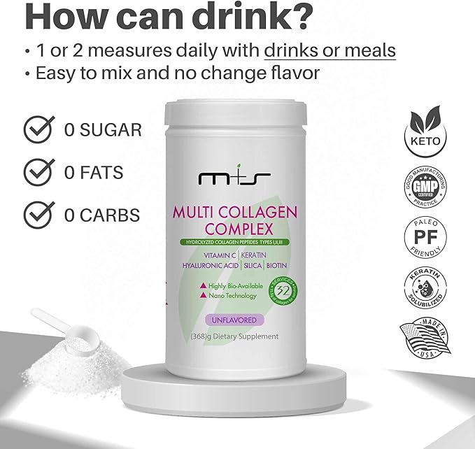 M+S Multi Collagen Complex – Hydrolyzed Collagen peptides, Types I, II, III for Skin, Hair, Nails and Joints – with Vitamin C, Hyaluronic Acid, Keratin, Biotin and Silica (Unflavored)