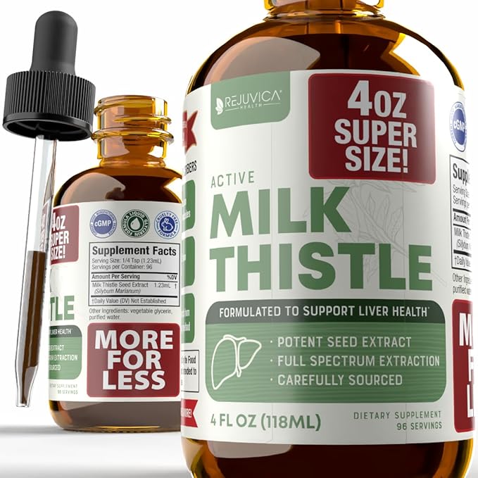 Rejuvica Health Active Milk Thistle 4oz XL Super Size - Advanced Milk Thistle Seed Liquid Extract Drops - May Support the Liver - Vegan Sugar Free Non GMO Tincture
