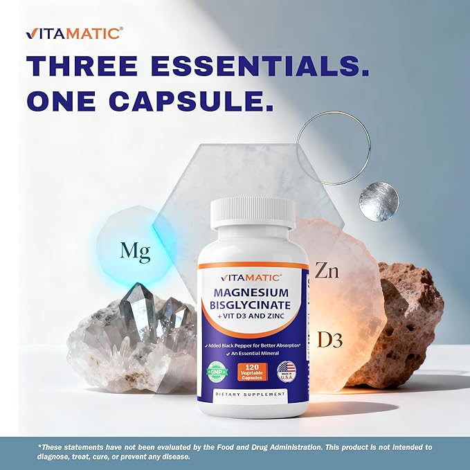 Vitamatic Magnesium (from Bisglycinate & Oxide) with Vitamin D3 & Zinc - 120 Veg Capsules - Supports Muscle, Joint, Nerve & Heart Health – Non-GMO, Gluten-Free - 2 Pack