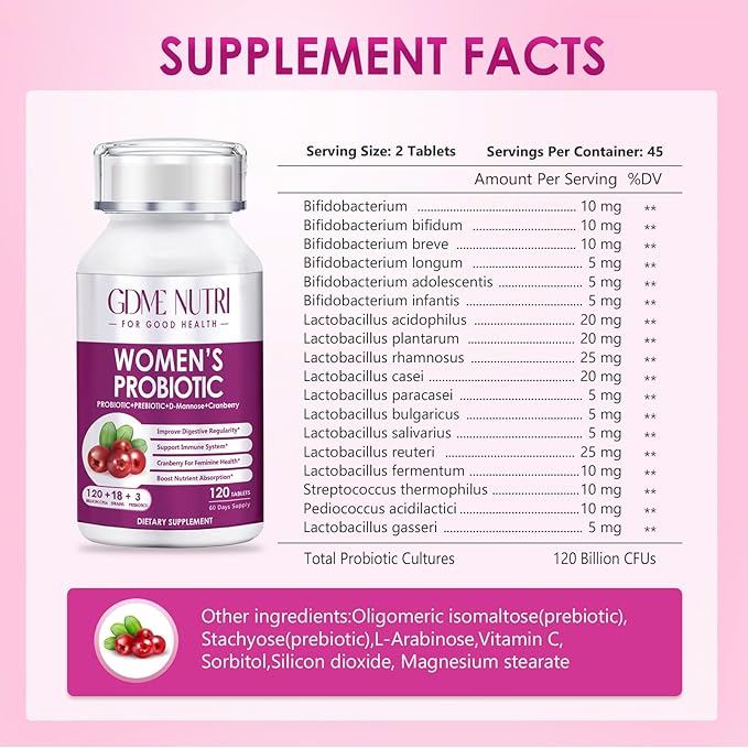 Women's Probiotics, 120 Tablets 120 Billion CFU 18 Strains, Contains Organic Prebiotic Cranberry, Probiotic Supplement for Digestion, Immunity, Women's Health, Soy Gluten Dairy Free