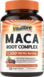 Maca Root Capsules for Women & Men, 1500 mg Maca Root Per Serving, with Black Pepper for Max Absorption, 95% Piperine, Vitality, Mood, Metabolic Support, 120 Capsules