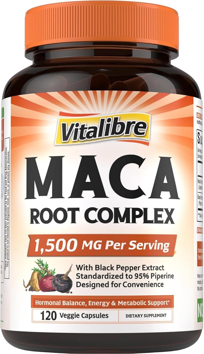 Maca Root Capsules for Women & Men, 1500 mg Maca Root Per Serving, with Black Pepper for Max Absorption, 95% Piperine, Vitality, Mood, Metabolic Support, 120 Capsules