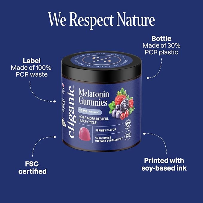 Cliganic Melatonin Gummies (10 mg, 60-Day Supply) - Adult Sleep Aid, Berry Flavor, Vegan, Non-GMO, Kosher, Gluten-Free Supplement, Helps Regulate Circadian Rhythm & Promotes Peaceful Nights