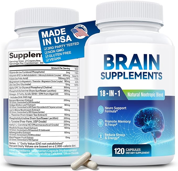 18-in-1 Brain Supplement for Memory and Focus – 120 Nootropic Capsules (2-Month Supply) with Alpha GPC, Bacopa, Ginkgo Biloba, Lion's Mane | Cognitive Health, Mental Clarity | Vegan, Non-GMO