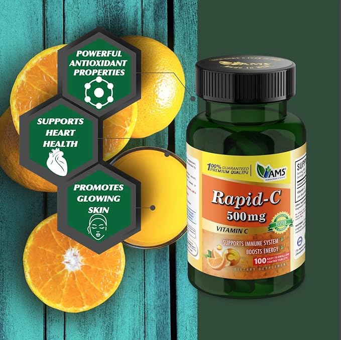America Medic & Science Rapid-C 500mg Vitamin C Supplement 500 Tablets (5 Pack of 100 Tablets) Daily Immune System Support, Antioxidant | Vegan, Non-GMO Coated Ascorbic Acid for Adult Men & Women
