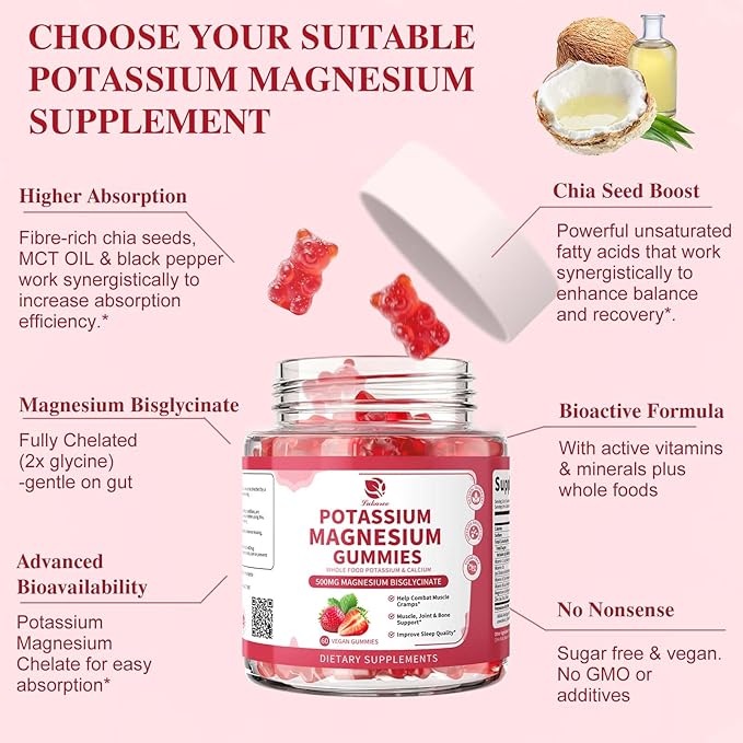(2 Pack) Magnesium Potassium Supplement Gummies - New Formula Calm Magnesium Bisglycinate Gummies & Plant Potassium Plus Chia Seeds, B6, D3, K2 & Calcium for Sleep, Leg Cramps & Muscle -Vegan,60 Count