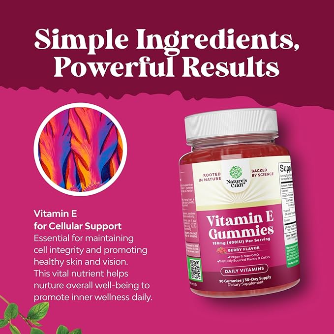Natures Craft Vitamin E Gummies for Skin Care - High-Potency Vitamin E 400 IU Skin Supplement - Delicious & Easy-to-Take Supplement Promote Health Immune Support & Cellular Protection 90 Count