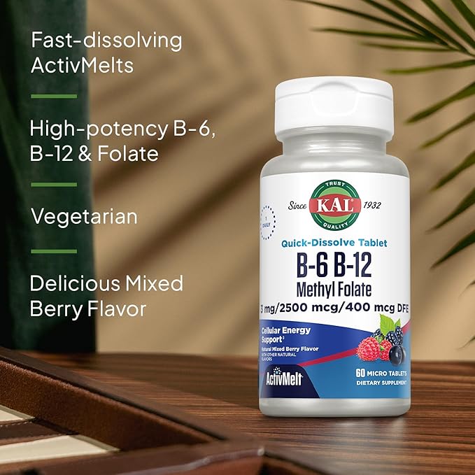 KAL Vitamin B-6 B-12 Methyl Folate ActivMelt, Vitamin B Supplement, Heart Health, Energy and Red Blood Cell Support with Methyl B12 and DFE Folic Acid, Natural Berry Flavor, 60 Servings, 60 Micro Tabs