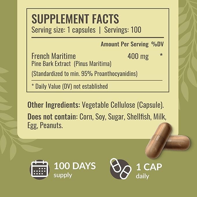 HERBAMAMA Pine Bark Extract Capsules - 400mg French Maritime Pine Bark Extract Powder for Antioxidant Support - Vegan, Non-GMO Pinus Pinaster Supplement