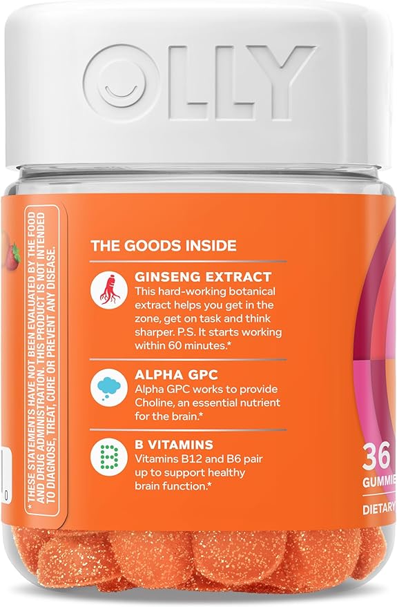 OLLY Laser Focus Gummy, Ginseng, Alpha GPC, B Vitamins, Berry Tangerine Flavor - 36 Count (Pack of 2)