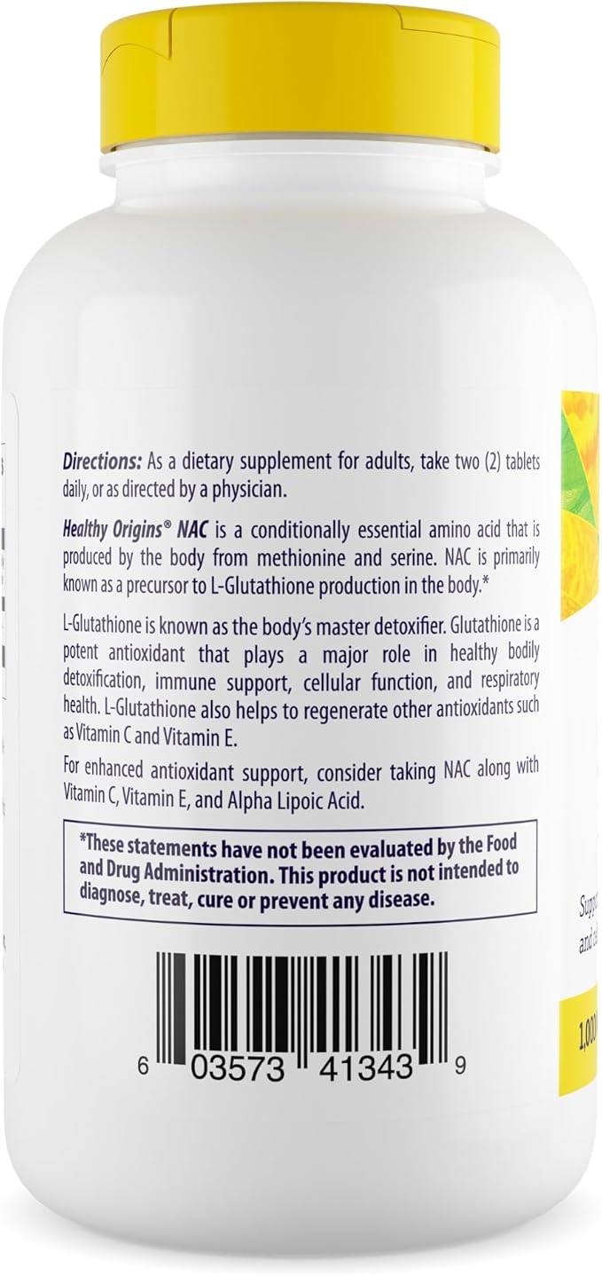 Healthy Origins NAC 1,000 mg (N-Acetyl L-Cysteine),120 Tablets, Amino Acid Supplement, Supports Glutathione Levels, Liver & Lung Health, Antioxidant for Cell Function & Immune Support - 8 Month Supply