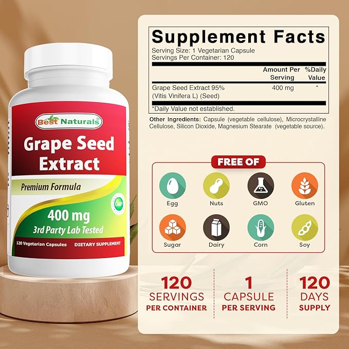 Best Naturals Grape Seed Extract 400 mg Veggie Capsule, 120 Count