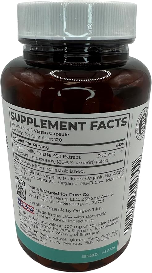 PURE CO USDA Organic Milk Thistle Capsules - 80% Silymarin Supplement for Liver Support- Super Concentrated 300mg of 30:1 Milk Thistle Extract Liver Detox 120 Day Supply