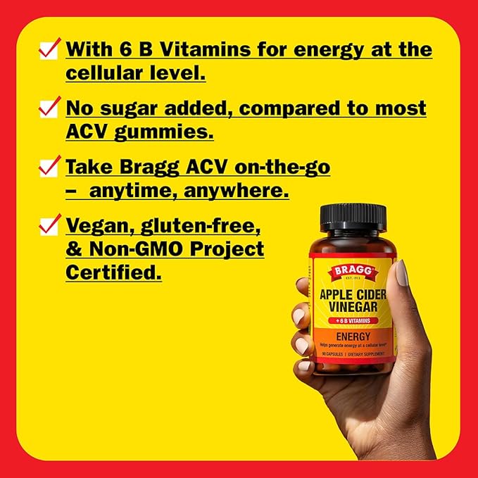 Bragg Energy Apple Cider Vinegar Capsules with B-12 Vitamins - 90 Capsules (2 Pack) – Weight Management - Non-GMO, Vegan, Gluten Free - Helps Generate Energy at Cellular Level for Men and Women