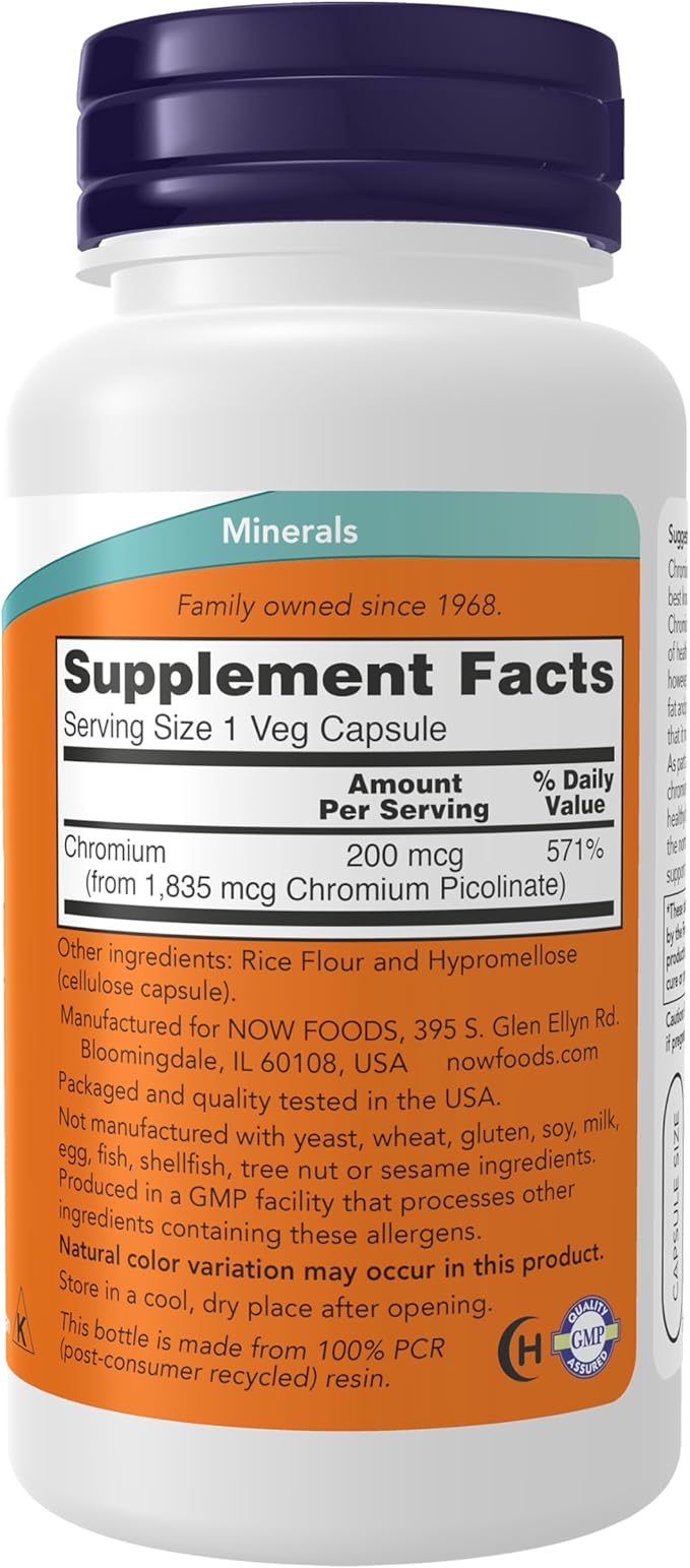 NOW Supplements, Chromium Picolinate 200 mcg, Insulin Co-Factor*, 100 Veg Capsules