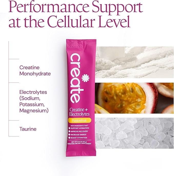 Create Creatine + Electrolytes Mix - Creatine Monohydrate Stick Packs, Supports Energy and Hydration, NSF Certified for Sport, 30 Count, Passion Fruit