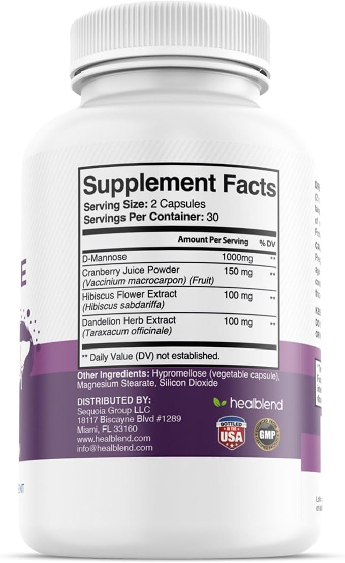 D-Mannose 1000mg Capsules with Cranberry Juice Powder, Hibiscus, and Dandelion Extracts - 30 Day Supply for Urinary Tract Health