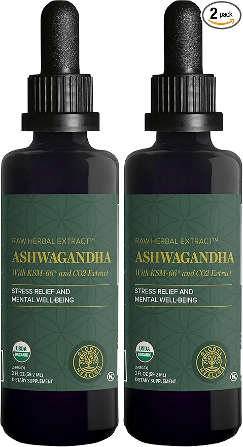Global Healing Center - Organic Ashwagandha Supplements Drops - KSM-66 Ashwagandha Extra Strength for Men & Women, Helps Promote Relief from Stress, Mood Support, Organic (2 Fl Oz) (Pack of 2)