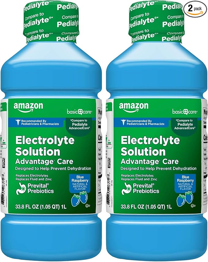 Amazon Basic Care Electrolyte Solution Advantage Care with PreVital Prebiotics, Blue Raspberry, Designed to Help Prevent Dehydration, Replaces Electrolytes, Fluid and Zinc, 33.8 fl oz (Pack of 2)