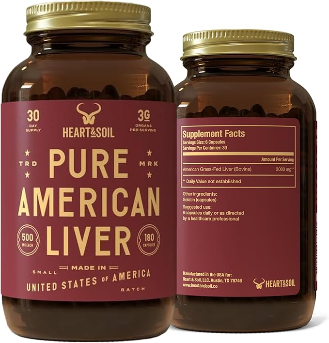HEART & SOIL 100% Grass Fed & Finished Pure American Beef Liver Supplement from Pasture-Raised Cattle – Beef Liver Capsules – Nature’s Ultimate Superfood – Made in USA – Glass Bottle – 180 Capsules