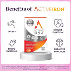 Active Iron Supplement 25mg, Clinically Proven to Increase Iron & Energy Levels, Maximum Absorption, Gentle, Non-Constipating, Avoids Nausea & Side Effects, 30 On-the-Go Foil Protected Capsules