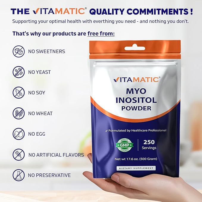 Vitamatic Myo-Inositol Powder 2000 mg per Serving | 500 g (250 Servings) | Pure Powder | No Sugar | No Fillers | Non-GMO | Dietary Supplement