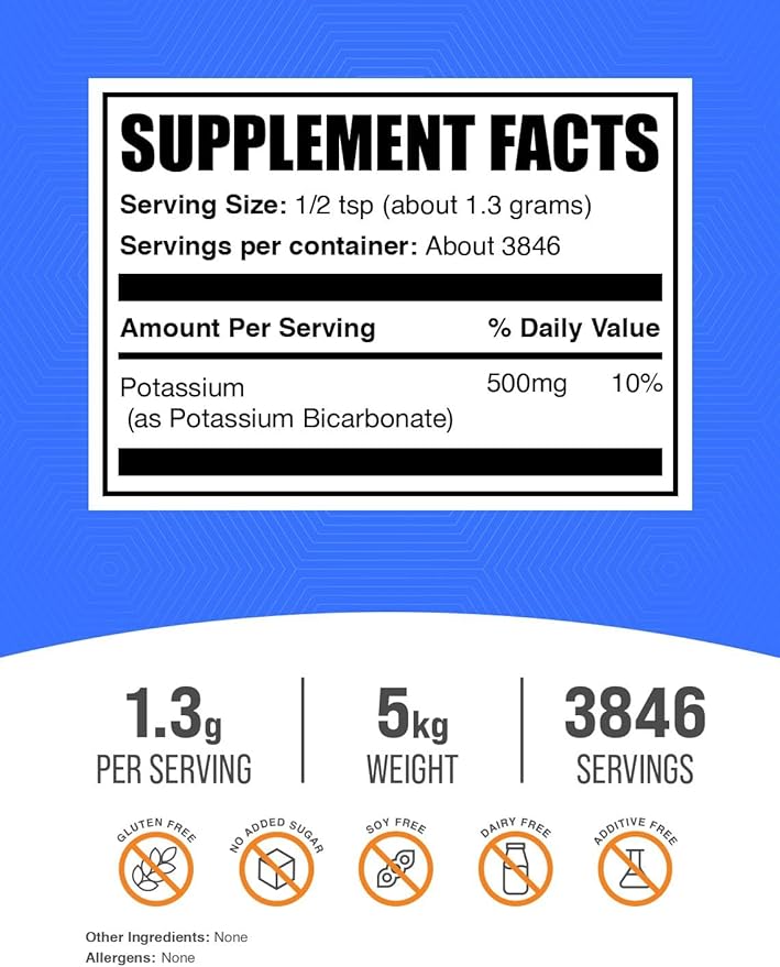 BulkSupplements.com Potassium Bicarbonate Powder - Potassium Bicarbonate Food Grade, Mineral Supplement - Gluten Free, 1.3g per Serving, 5kg (11 lbs) (Pack of 5)