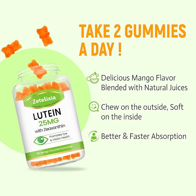 Lutein Gummies 25mg - Eye Vitamins Lutein & Zeaxanthin Eye Health Supplements for Adults,Sugar Free Eye Health Gummies Supplement - Support Vision,Macular,Blue Light Filtering (120 Count)