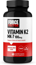 Force Factor MK-7 Vitamin K2 100mcg, Bone Support Supplements for Women and Men, Support Heart Health, Bone Density, and More, BIoavailable Form, Vegan, Non-GMO, 60 Vegetable Capsules