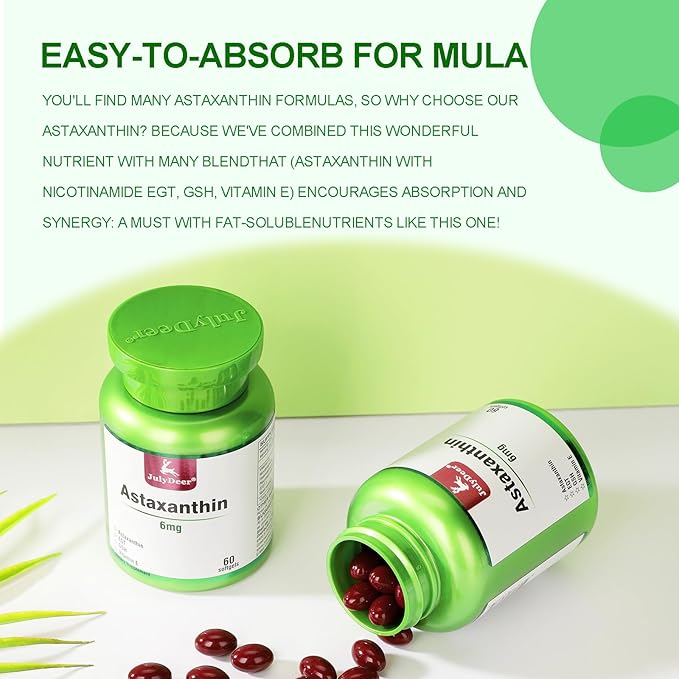 JulyDeer Astaxanthin 6 mg Per Serving, 60 Softgels – Double Strength Microalgae – Natural Haematococcus Pluvialis Source – Antioxidant Supplements for Skin, Eyes, Joints, & Immune Support – Non-GMO