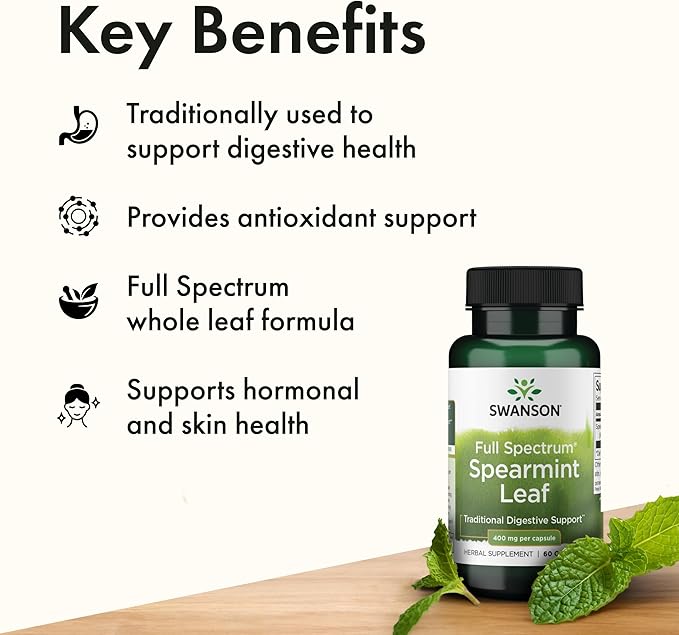 Swanson Spearmint Leaf Full Spectrum Digestive Supplement for Digestive-Comfort-Seeking Adults - 400 mg Mentha Spicata (60 Capsules)