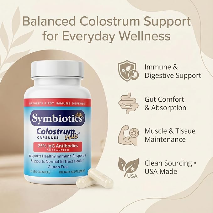 Symbiotics Colostrum Vegetable Capsules, 120 Count - Immune & Gut Support with Lactoferrin and Naturally Occurring IgG - Gluten Free, rBST-Free - 120
