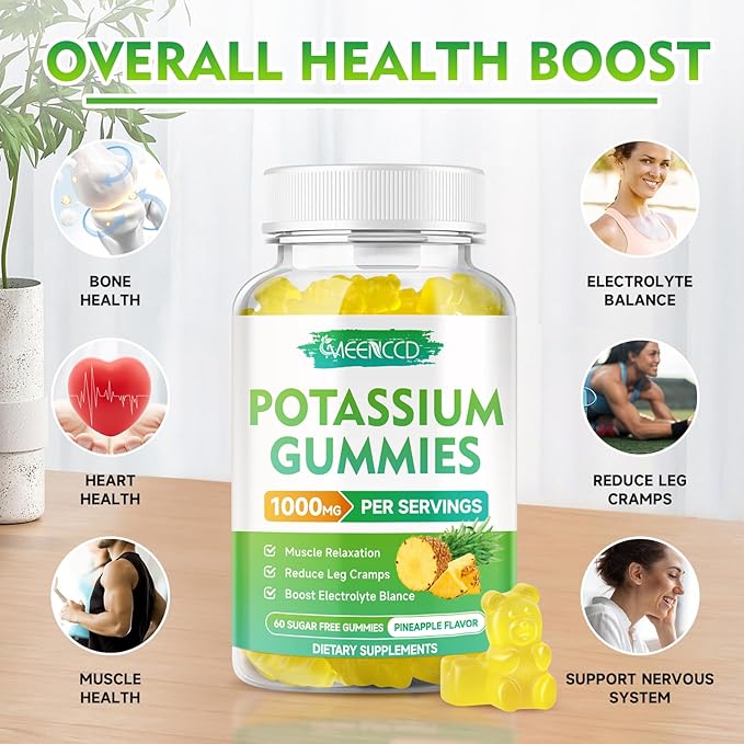 Potassium Citrate Gummies 1000mg, High Potency Potassium Supplement Gummies for Adults Women & Men, Support Muscle Health, Sugar-Free, Pineapple Flavor, 120 Count