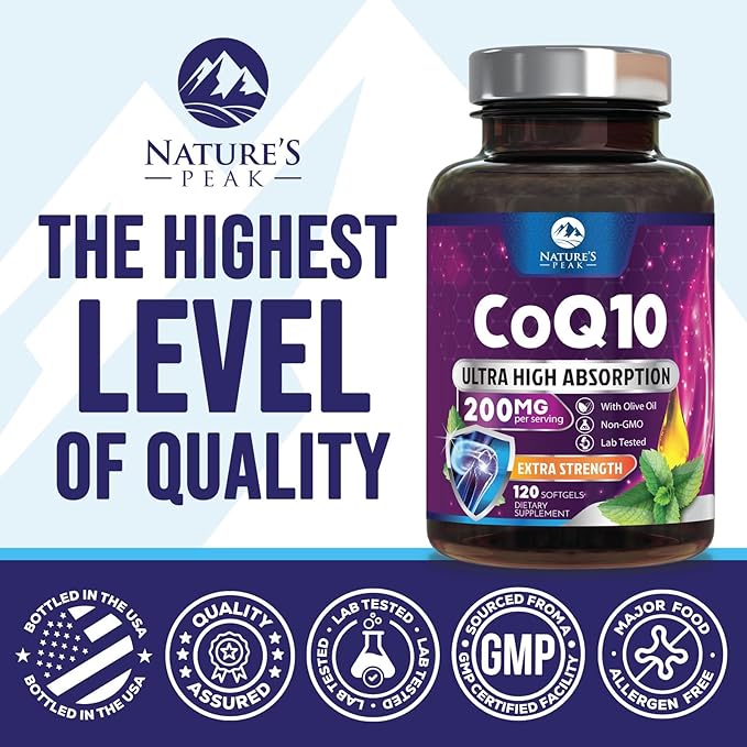 CoQ10 Softgels - Ultra High Absorption Coenzyme Q10 200mg Per Serving - Co Q 10 Softgel Supplement With Black Pepper, Energy & Heart Support Antioxidant - for Women & Men, Bottled USA - 120 Softgels