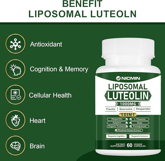 1000MG Liposomal Luteolin, Maximum Absorption, Potent Luteolin Supplement 60 Capsules