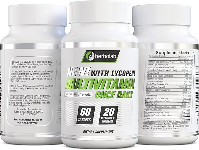 herbolab Multivitamin Once Daily, Max Strength Vitamins A, C, D, E, K, B1, B2, B6, B12, Niacin, Calcium, Magnesium, Zinc, Selenium, Copper, Manganese, Chromium with Lycopene, 60 Count 2 Mo Supply