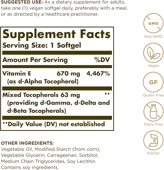 Vitamin E 670 mg (1000 IU) Solgar 100 Vegan Softgel